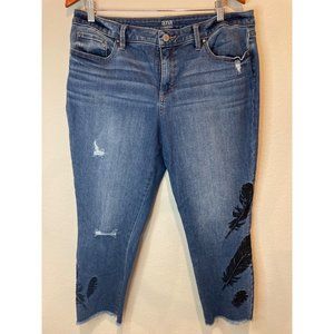 a.n.a Distressed Skinny Ankle Black Embroidered Feather Raw Hem Jean